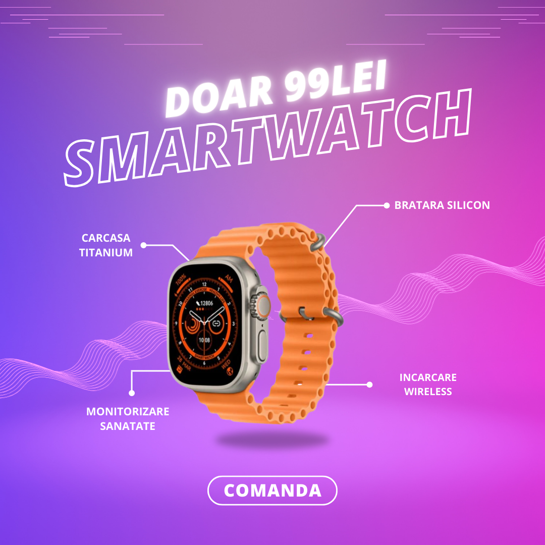 Smartwatch Ultra II cu Incarcator Wireless, Notificari Apel si Retele Sociale + Monitorizare Sanatate