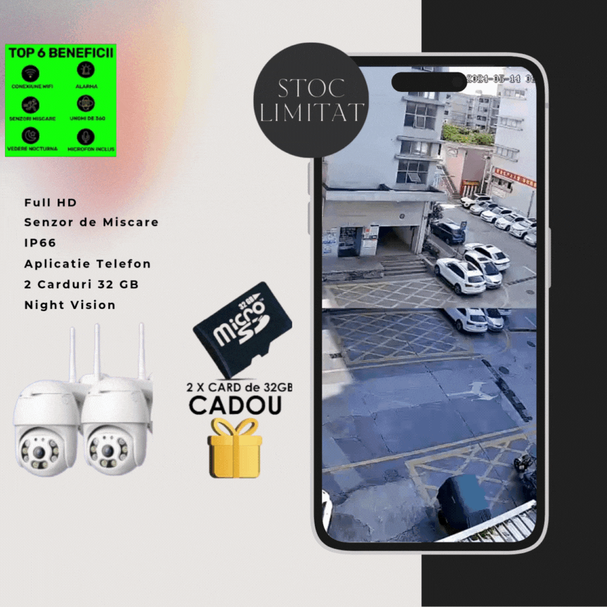 Set Promo: 2 Camere De Supraveghere Wifi Smart, Full HD, Senzor de Miscare, IP66, Aplicatie Telefon + 2 Carduri 32 GB+ EXTRA CADOU SURPRIZA