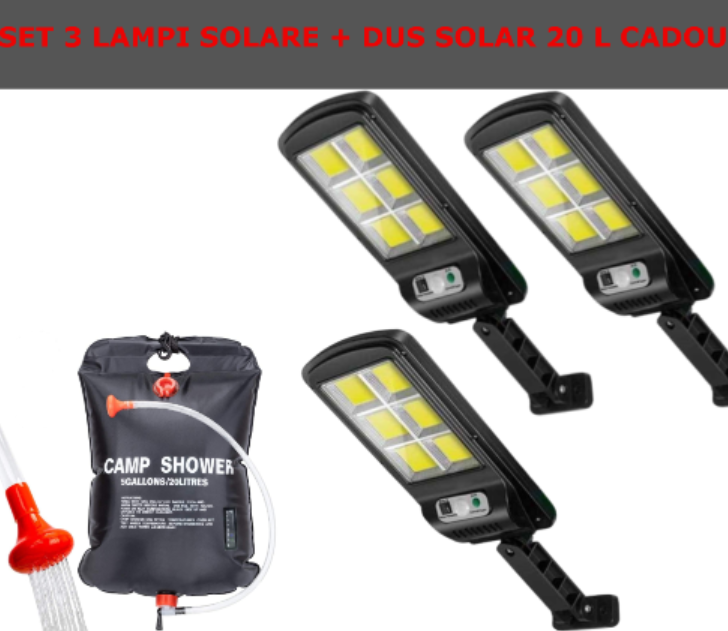 Set De 3 Lampi Solare, Cu Senzor De Miscare SI Telecomanda, 300W + CADOU Dus Solar 20 Litri