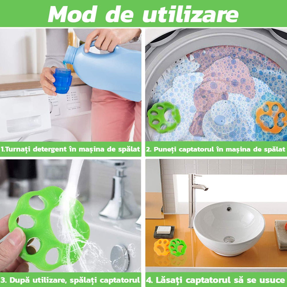 Set De 4 Accesorii Pentru Curatarea Scamelor Si Indepartarea Parului De Animale, Manusa, 2 Captatoare De Par Pentru Masina De Spalat, Perie Cu Zimti