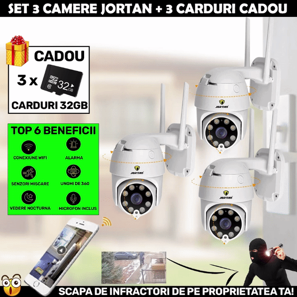 SET 3 X Camera Smart Color Jortan Wifi, IP Vizualizare Live Prin Aplicatie, Senzor de Miscare + 3 CARDURI CADOU