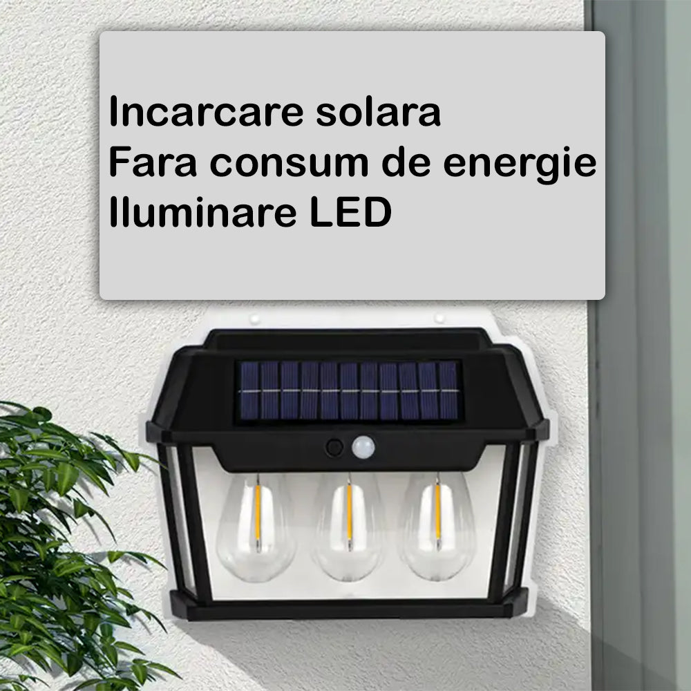 Lampa Solara De Perete Cu 3 Becuri LED, Cu Senzor de Miscare si Lumina, 3 Moduri de Iluminare, Rezistenta la Apa