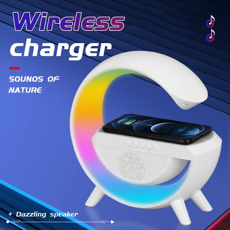 Statie 3 in 1 cu Lumina Ambientala RGB, Boxa Bluetooth si Incarcare Wireless Pentru Telefon, Alb