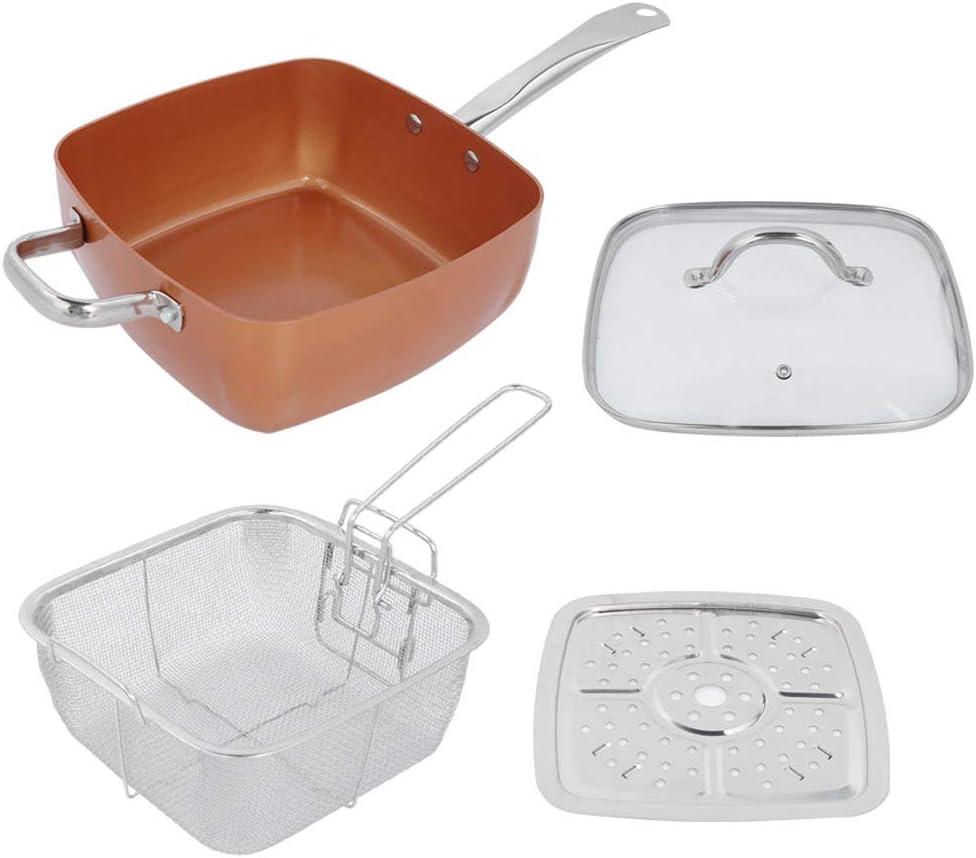 Tigaie Antiaderenta Multifunctionala, 5 Piese, Functie de Friteuza, Gatire La Aburi, 24 Cm + Capac