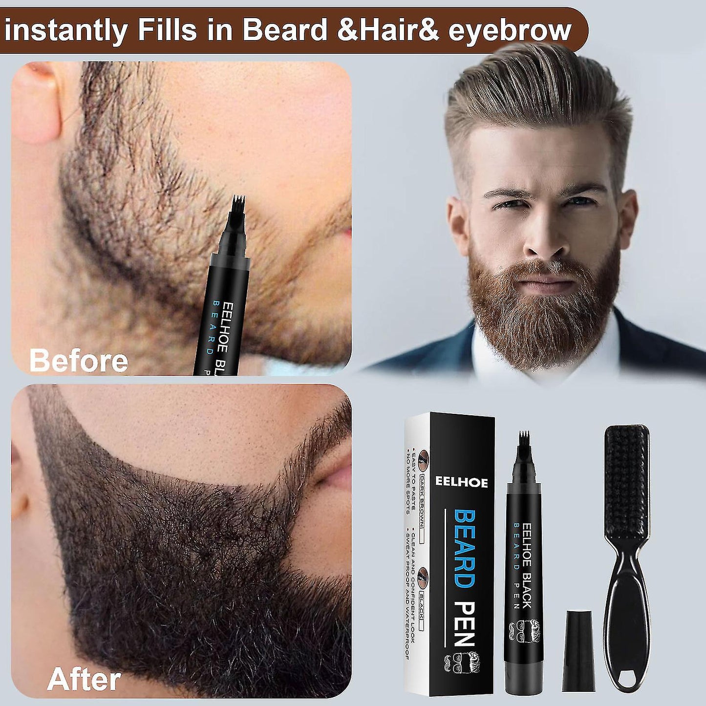 Creion De Barba Pentru Barbati, Rezistent La Apa Si Transpiratie, Culoare Negru, Pieptene Barba Inclus