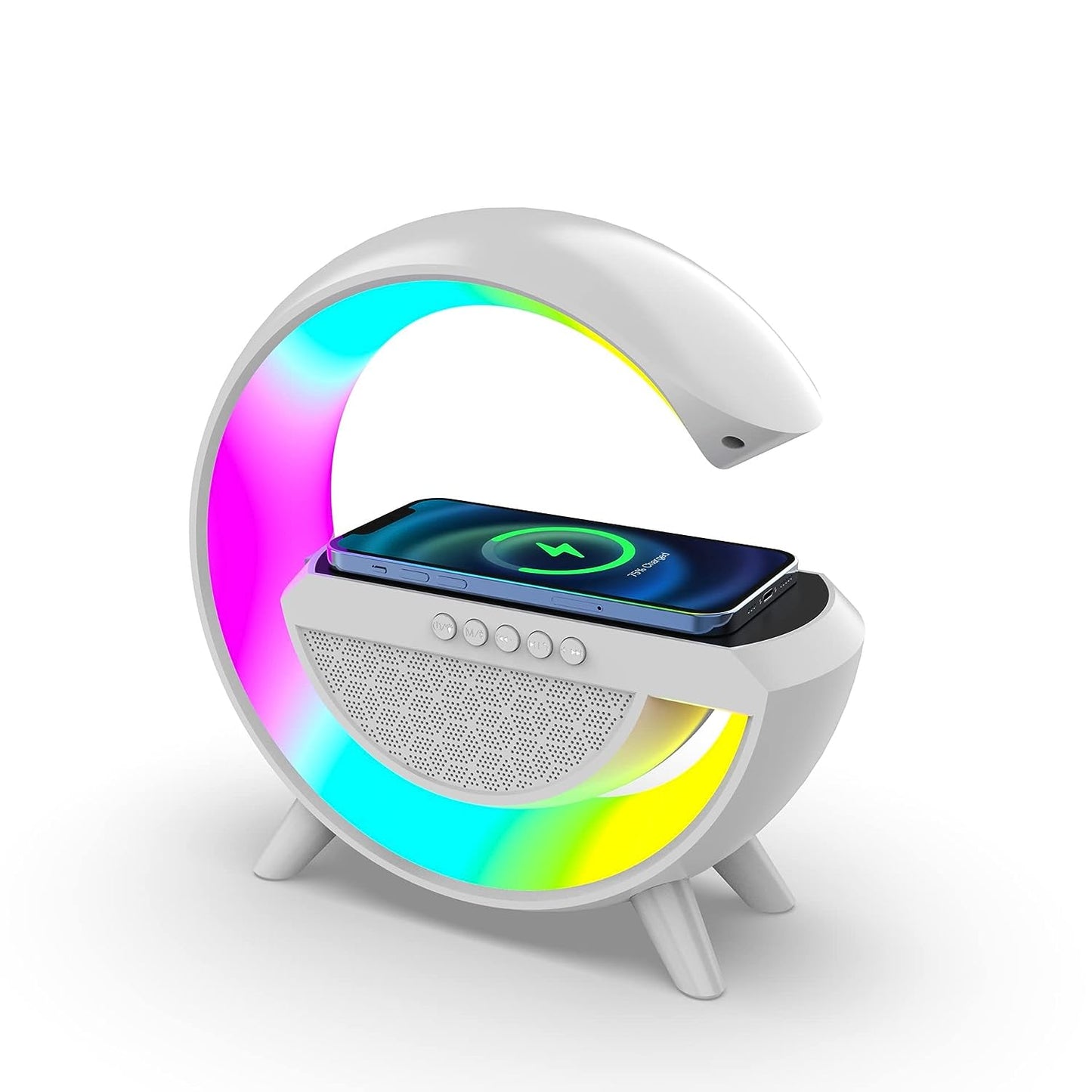 Statie 3 in 1 cu Lumina Ambientala RGB, Boxa Bluetooth si Incarcare Wireless Pentru Telefon, Alb