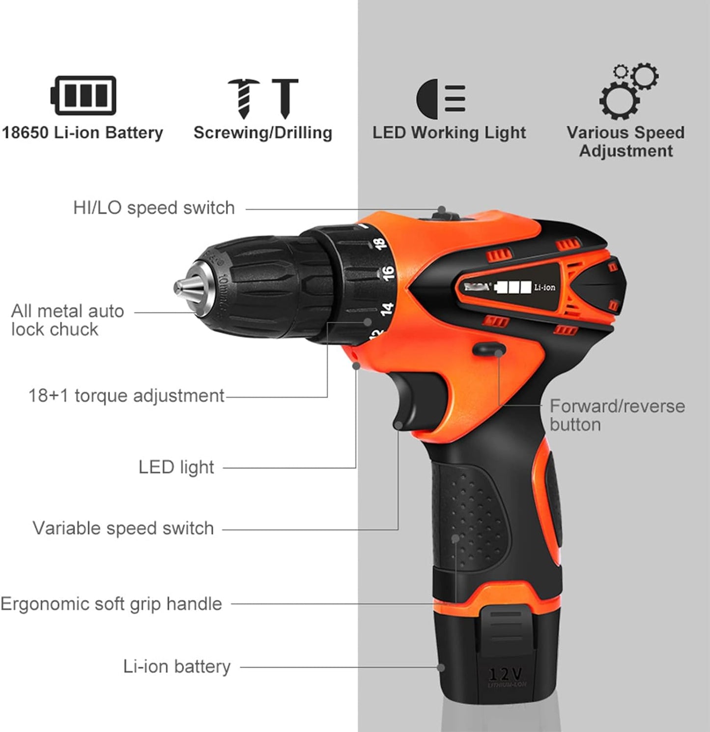 Bormasina Electrica cu 2 Acumulatori, 12V, 25 De Accesorii + Geanta De Transport CADOU