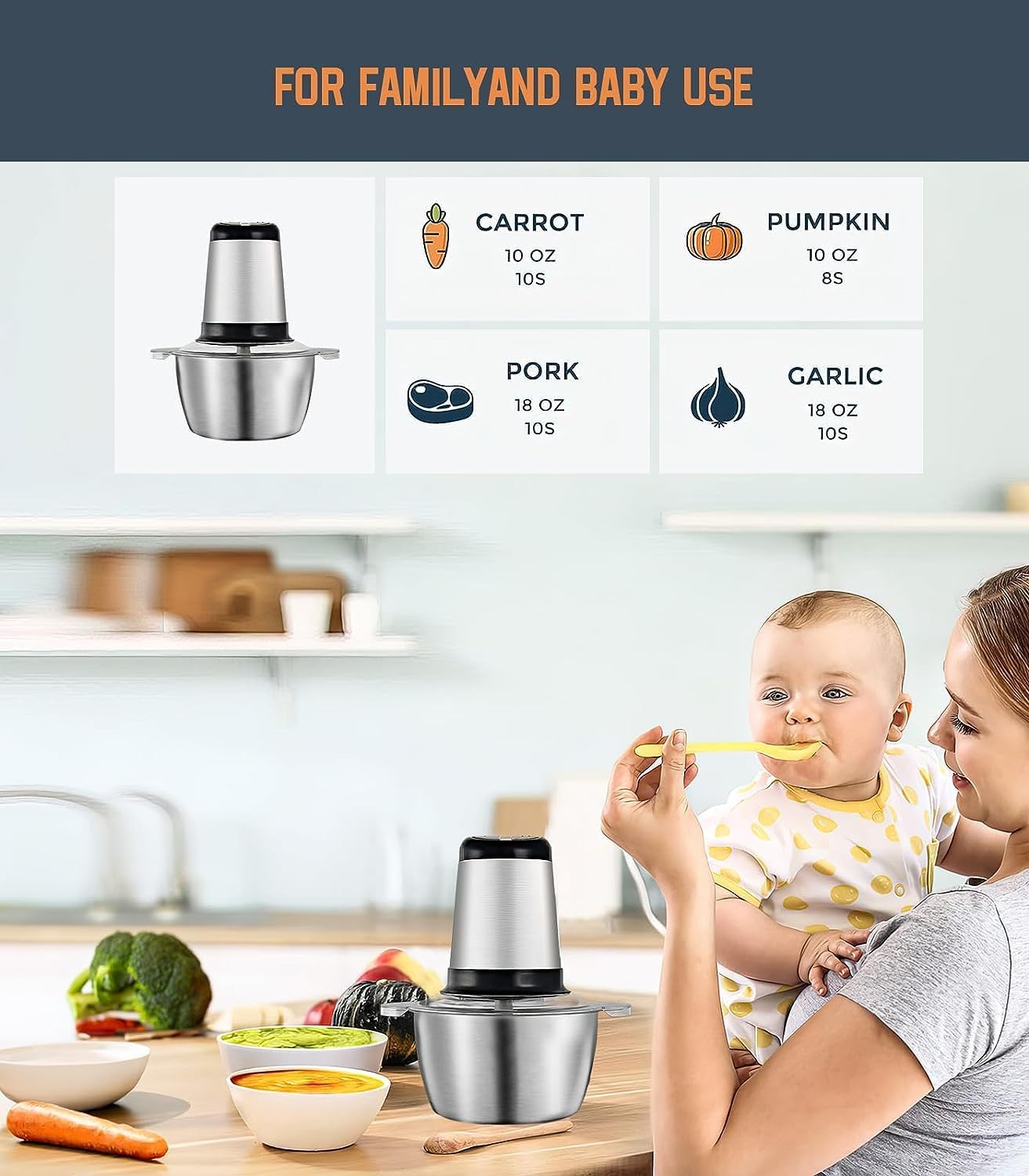 Tocator Electric Multifunctional, Pentru Carne, Fructe, Legume, Cu 2 Trepte de Viteza, Vas Inox, Capacitate 2L