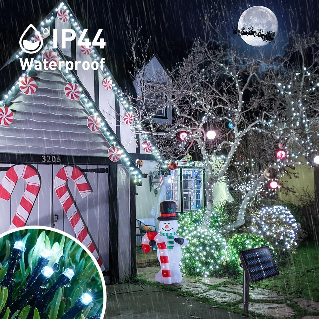 OFERTA 2+2 GRATIS: Instalatie De Craciun, Cu Incarcare Solara, 100 LED-uri Mari, Rezistenta La Intemperii, Alb Rece, 10 m