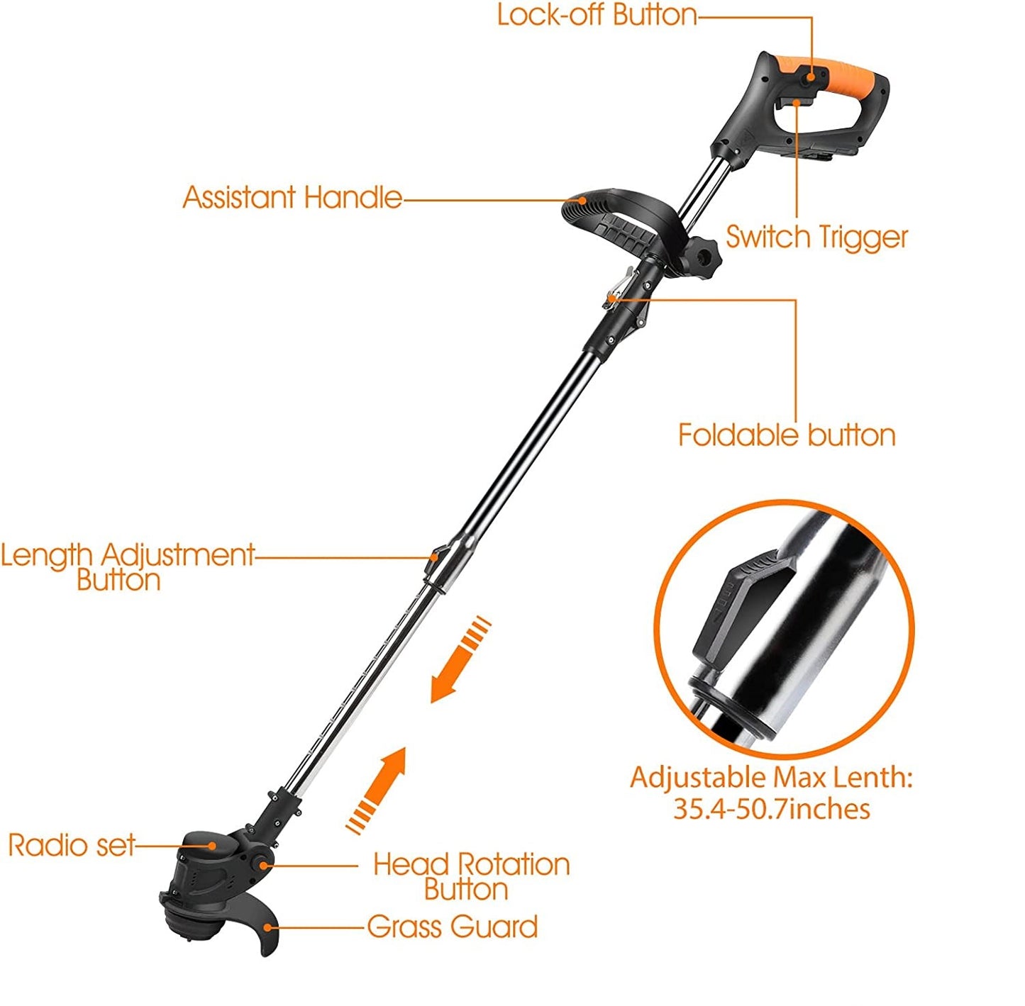 Motocoasa Portabila Cu 2x Acumulatori de 24V, Putere 800W, Cu Brat Extensibil, Pentru Gazon, 8 Accesorii