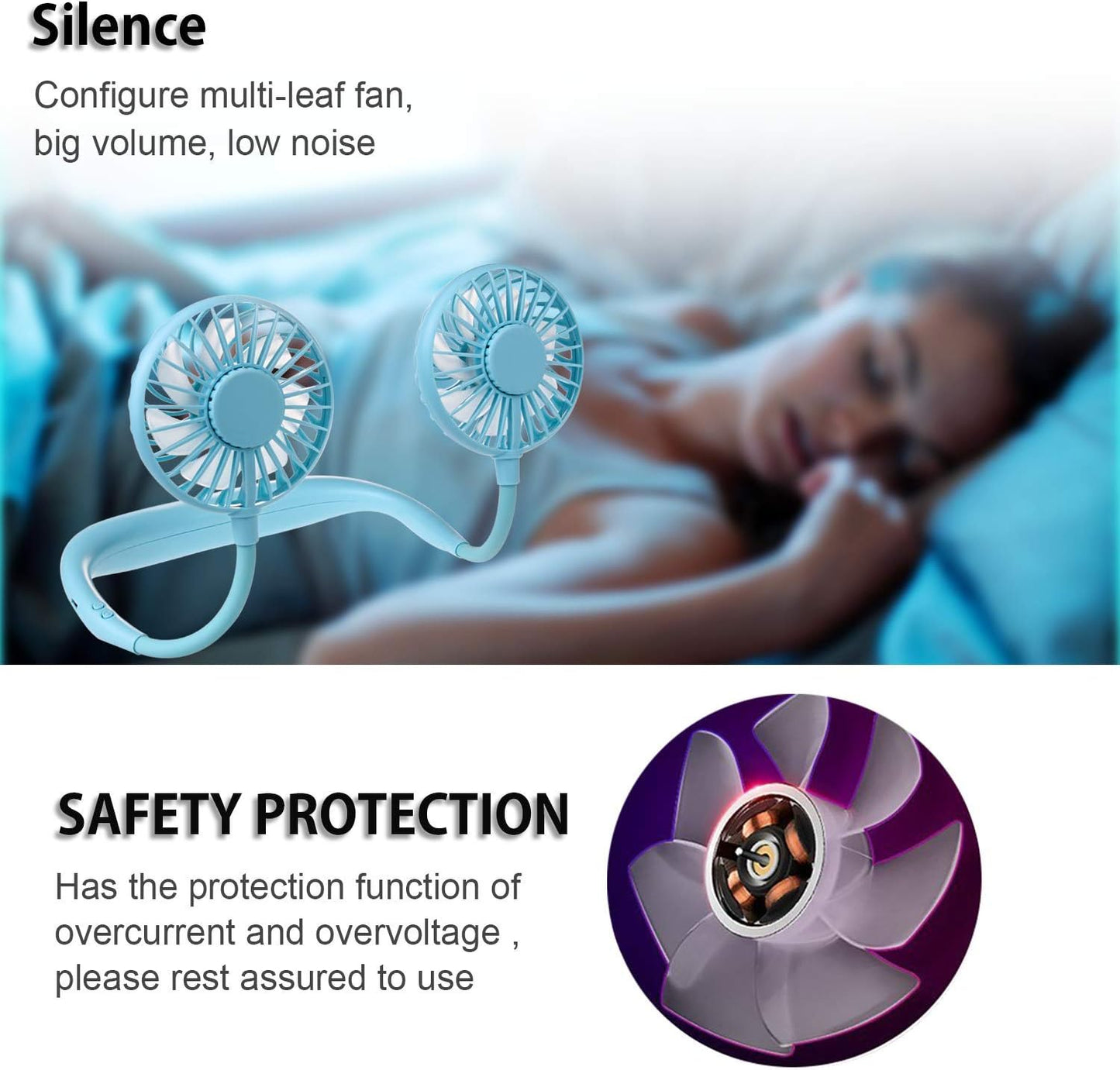 Mini Ventilator Portabil, Cu Alimentare USB, Suport Pentru Gat, 3 Trepte De Putere, Baterie Reincarcabila