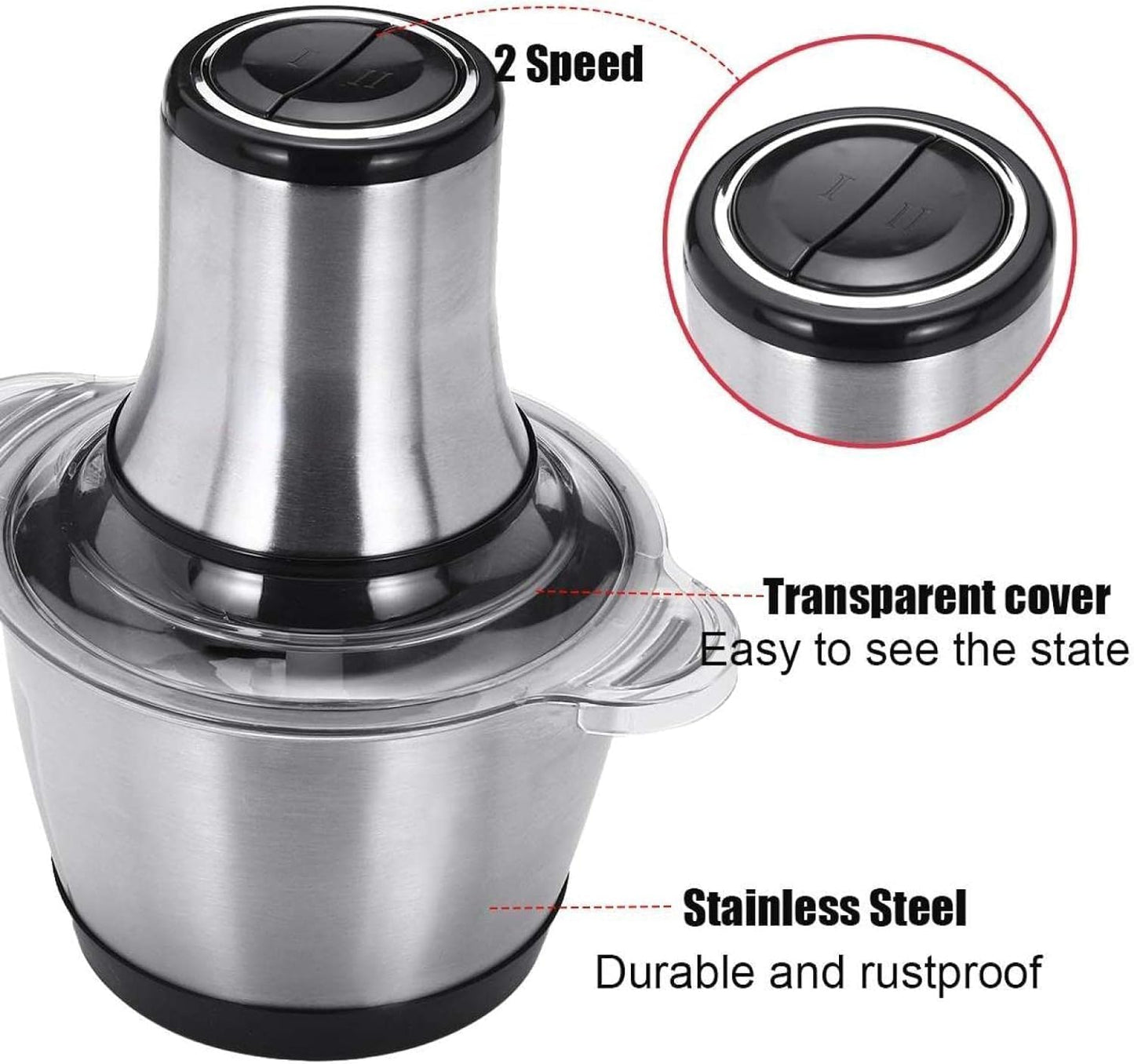 Tocator Electric Multifunctional, Pentru Carne, Fructe, Legume, Cu 2 Trepte de Viteza, Vas Inox, Capacitate 2L