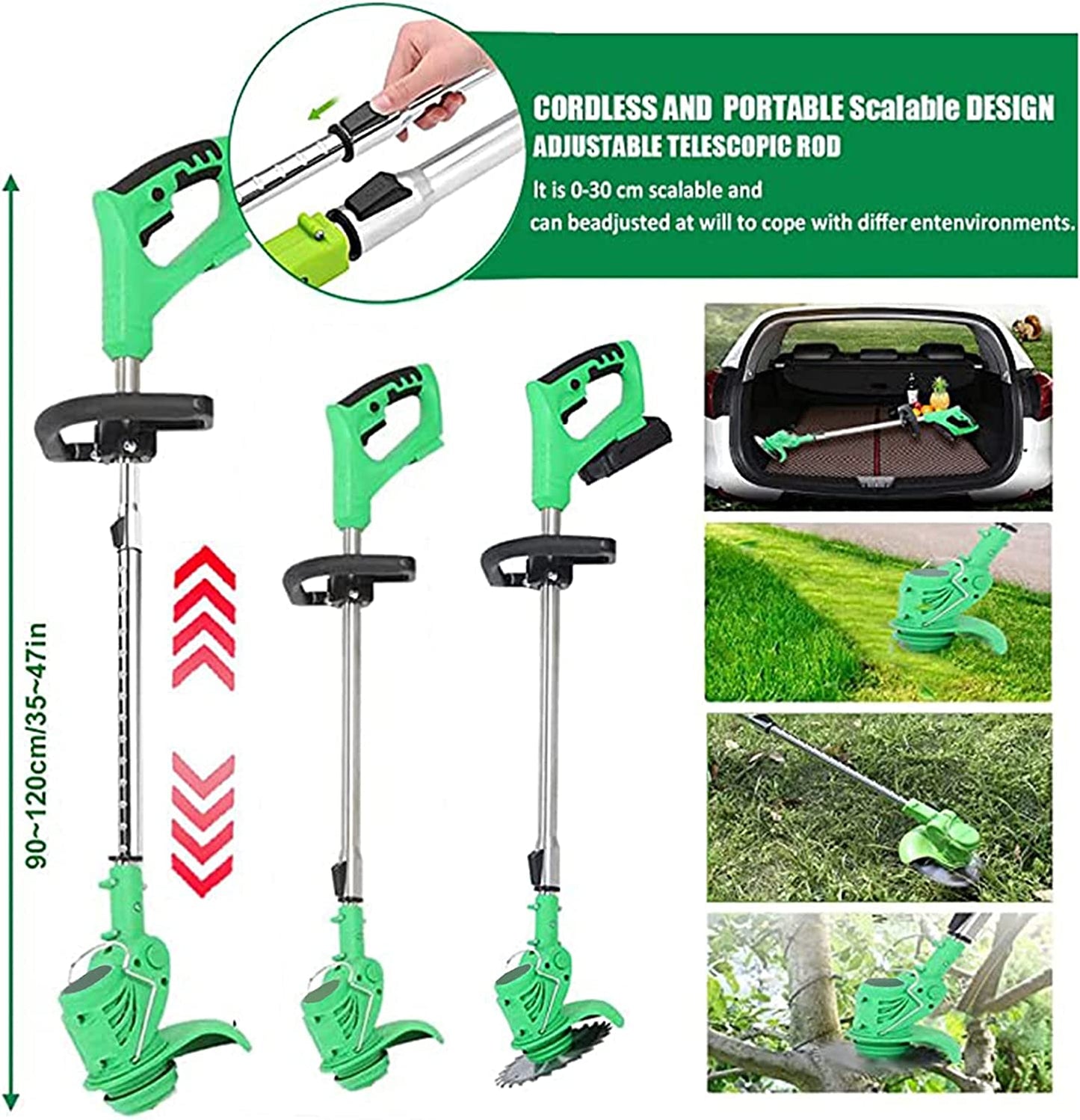 Motocoasa Portabila Cu 2x Acumulatori de 24V, Putere 800W, Cu Brat Extensibil, Pentru Gazon, 8 Accesorii