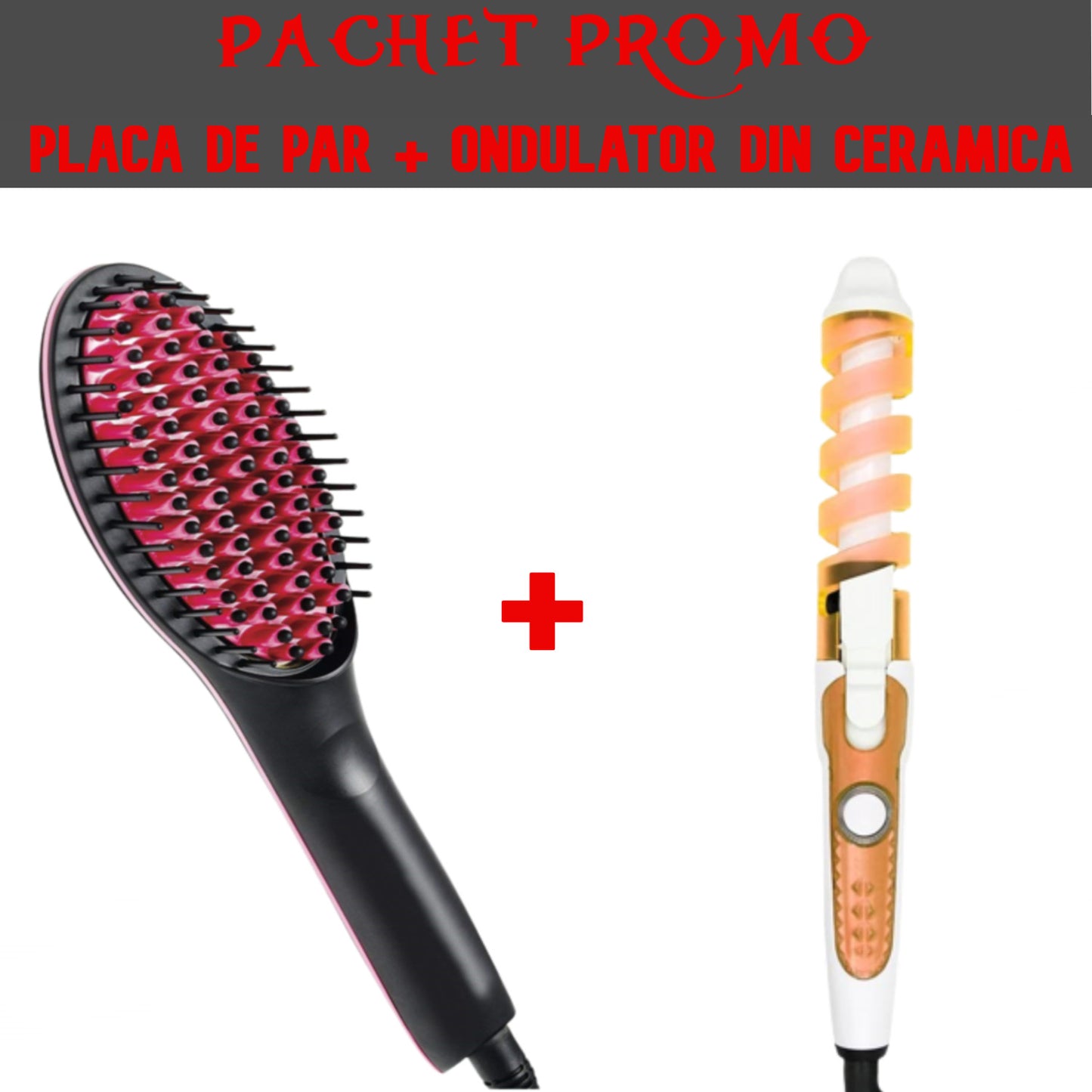 Pachet Promo: Perie De Indreptat Parul Din Ceramica, Ecran LCD, Temperatura Reglabila + Ondulator De Par Din Ceramica, Capat Rotativ