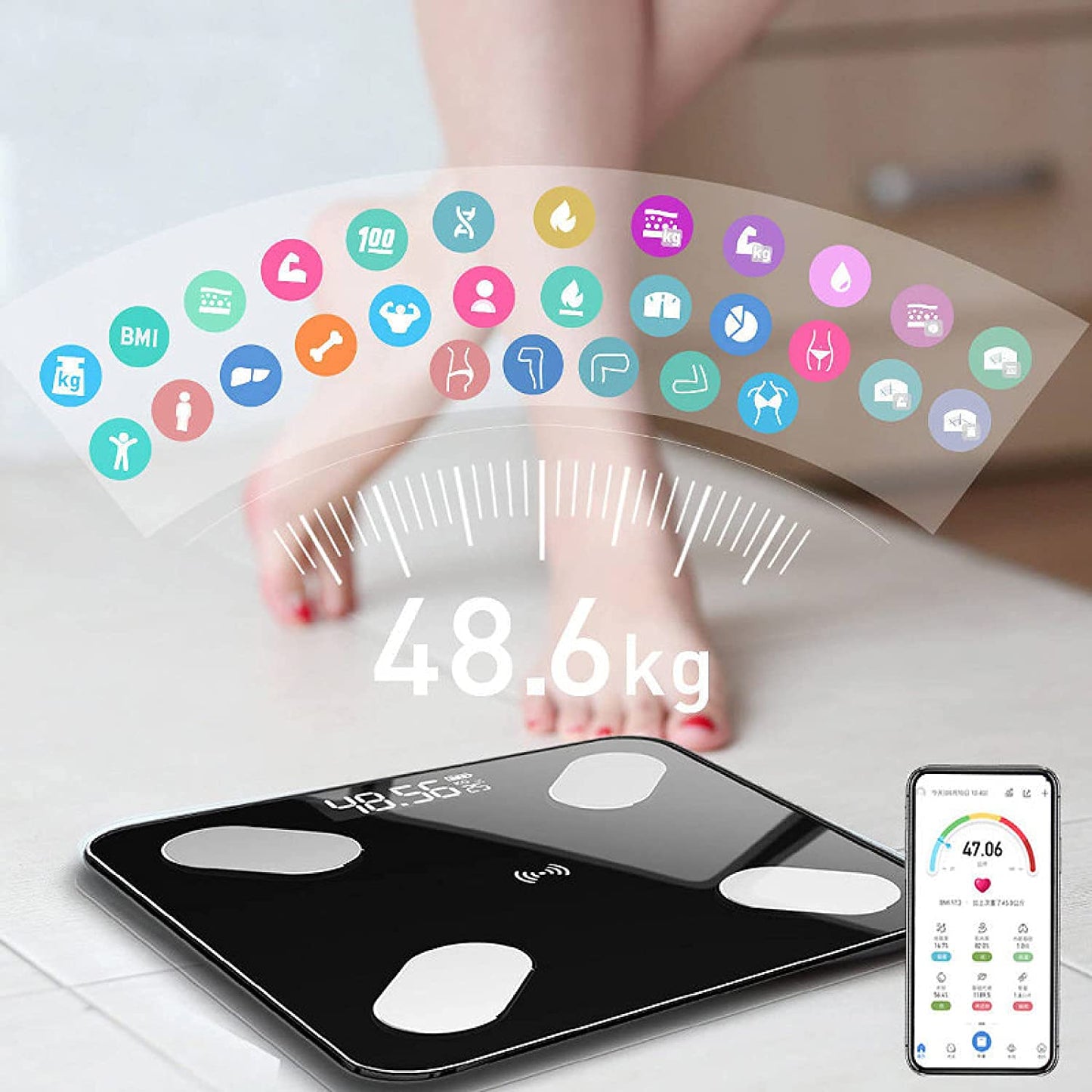 Cantar Inteligent, Conexiune Bluetooth, Ecran Afisaj LCD, Masoara Indicii Corporali, Din Sticla Securizata