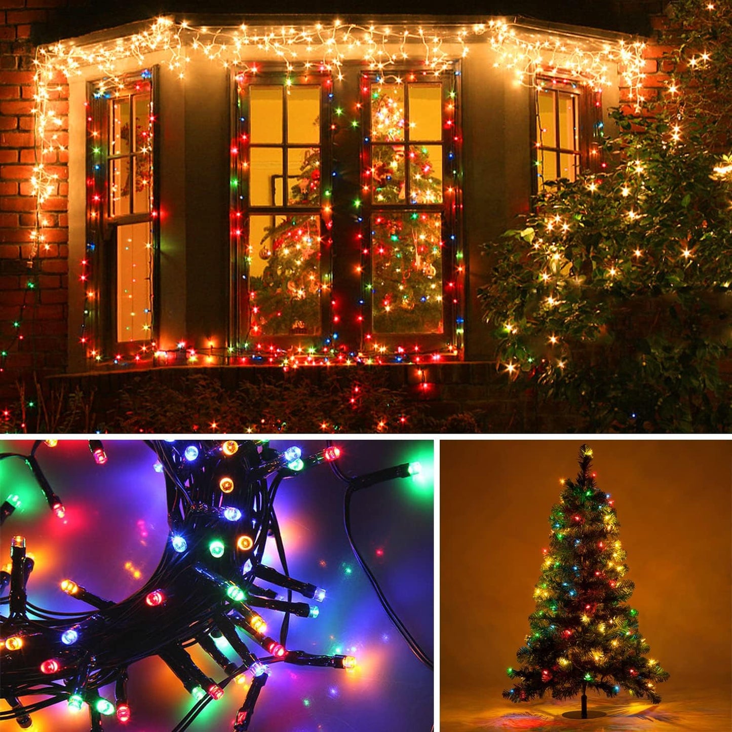 1+1 GRATIS; Instalatie De Craciun, Cu Incarcare Solara, 200 LED-uri Mari, Rezistenta La Intemperii, Multicolor, 20 m