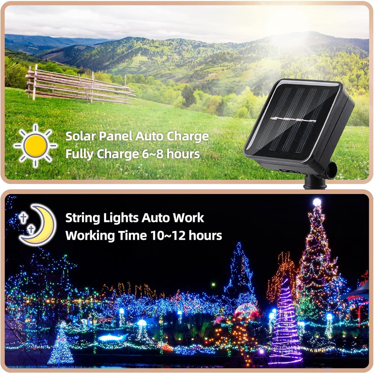 1+1 GRATIS; Instalatie De Craciun, Cu Incarcare Solara, 200 LED-uri Mari, Rezistenta La Intemperii, Multicolor, 20 m