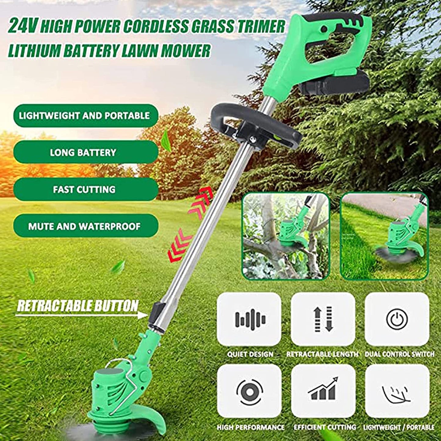 Motocoasa Portabila Cu 2x Acumulatori de 24V, Putere 800W, Cu Brat Extensibil, Pentru Gazon, 8 Accesorii