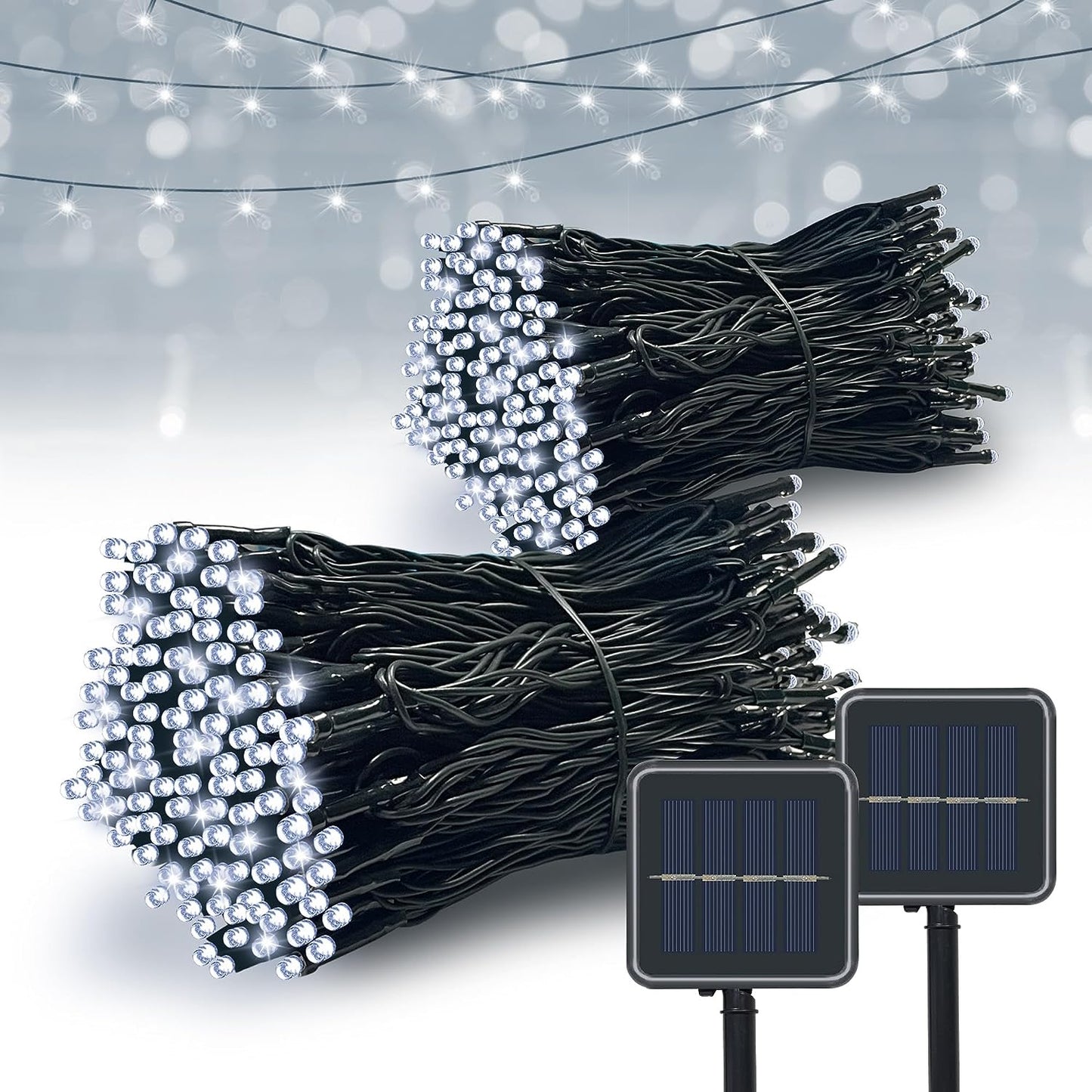 OFERTA 2+2 GRATIS: Instalatie De Craciun, Cu Incarcare Solara, 100 LED-uri Mari, Rezistenta La Intemperii, Alb Rece, 10 m