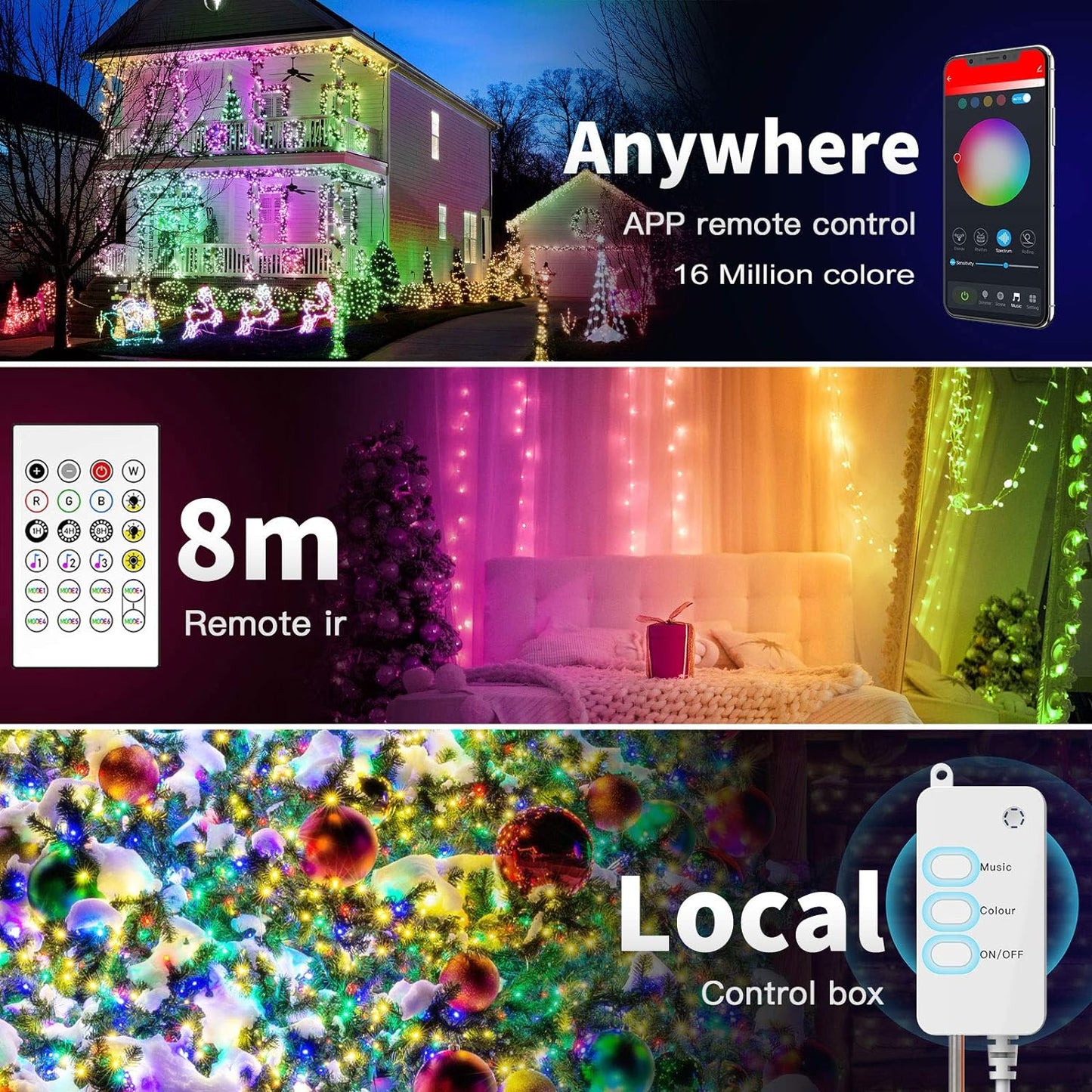 Ghirlanda Luminoasa Cu 100 LED-uri RGB, Control Prin Telecomanda si Aplicatie Smart, 10 m Lungime