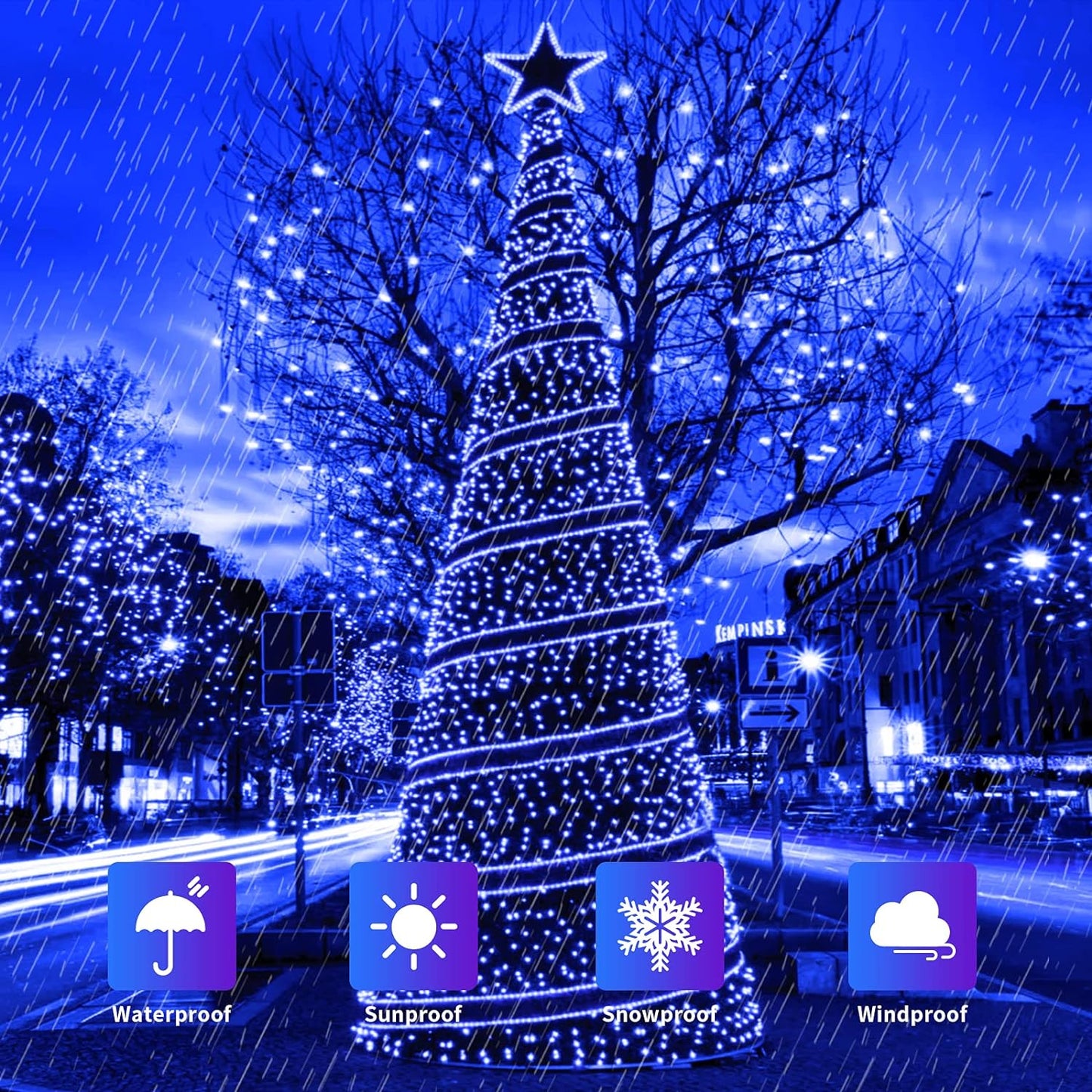 1+1 GRATIS: Instalatie De Craciun, Cu Incarcare Solara, 100 LED-uri Mari si Luminoase, Rezistenta La Apa, Albastru, 10m