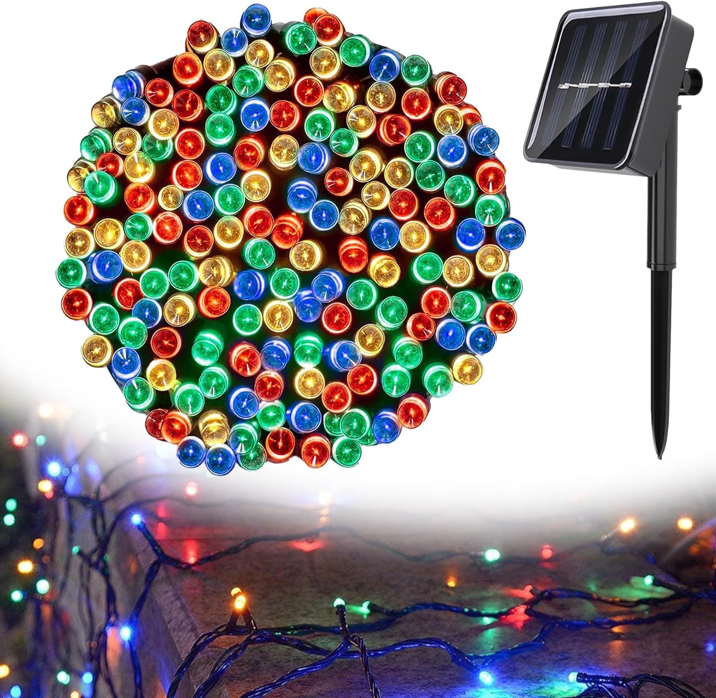 1+1 GRATIS; Instalatie De Craciun, Cu Incarcare Solara, 200 LED-uri Mari, Rezistenta La Intemperii, Multicolor, 20 m