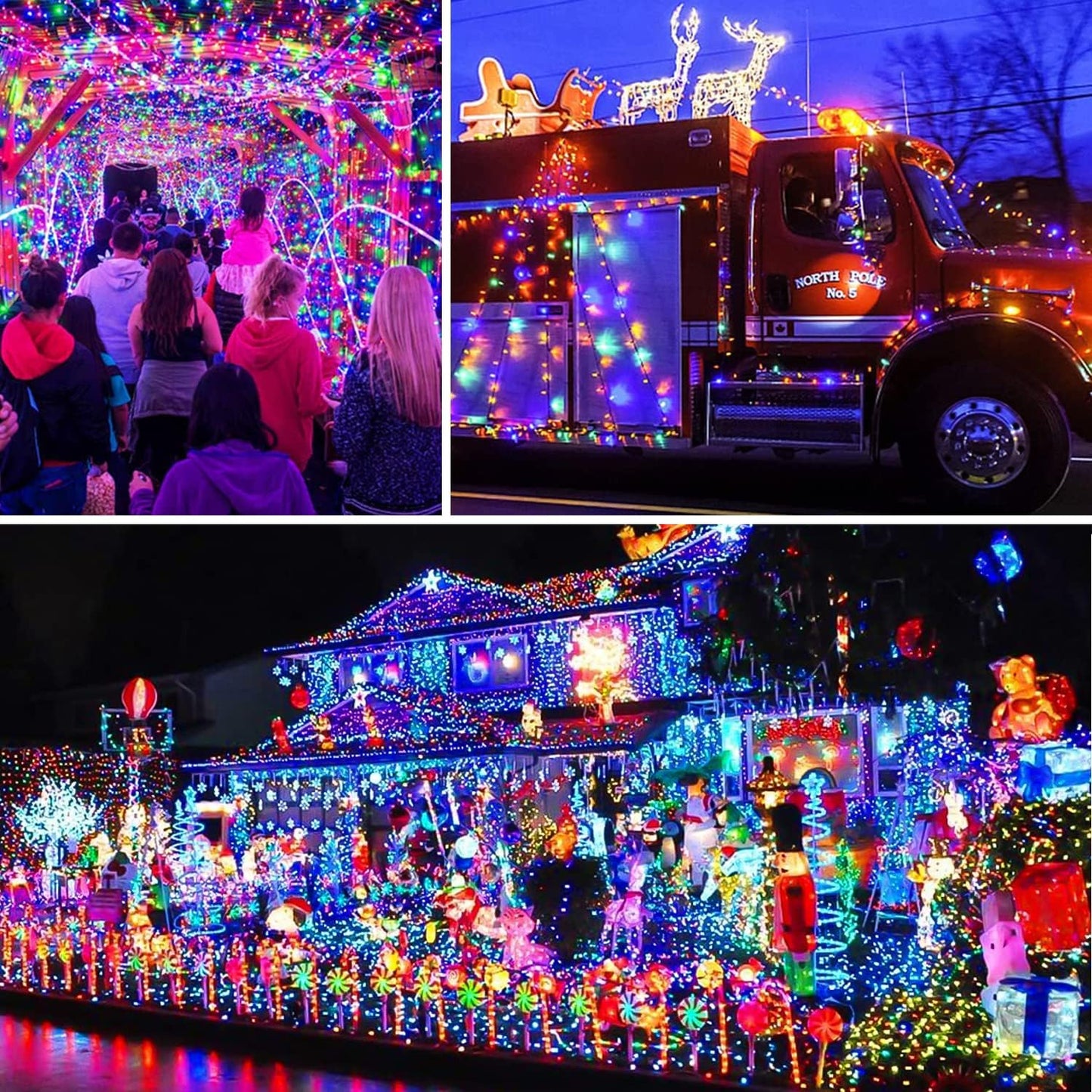 1+1 GRATIS; Instalatie De Craciun, Cu Incarcare Solara, 200 LED-uri Mari, Rezistenta La Intemperii, Multicolor, 20 m