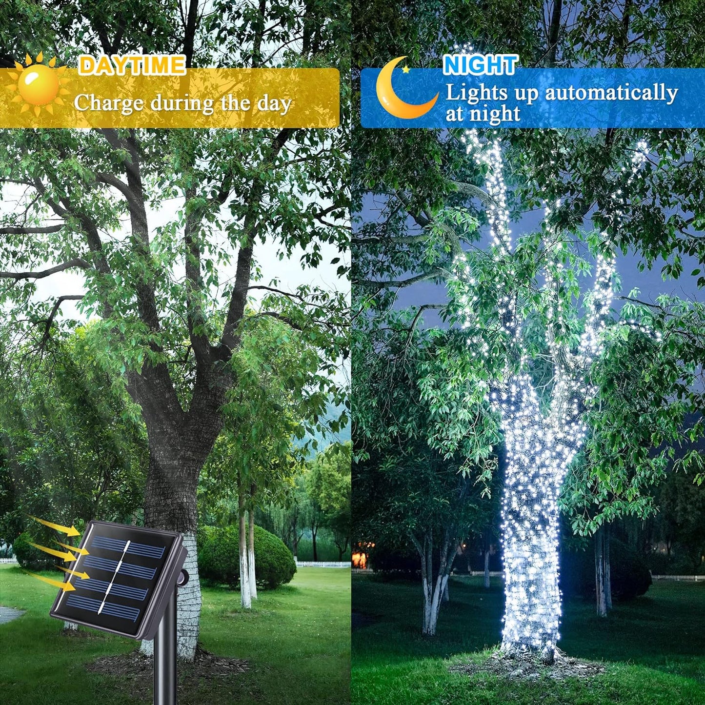 OFERTA 2+2 GRATIS: Instalatie De Craciun, Cu Incarcare Solara, 100 LED-uri Mari, Rezistenta La Intemperii, Alb Rece, 10 m