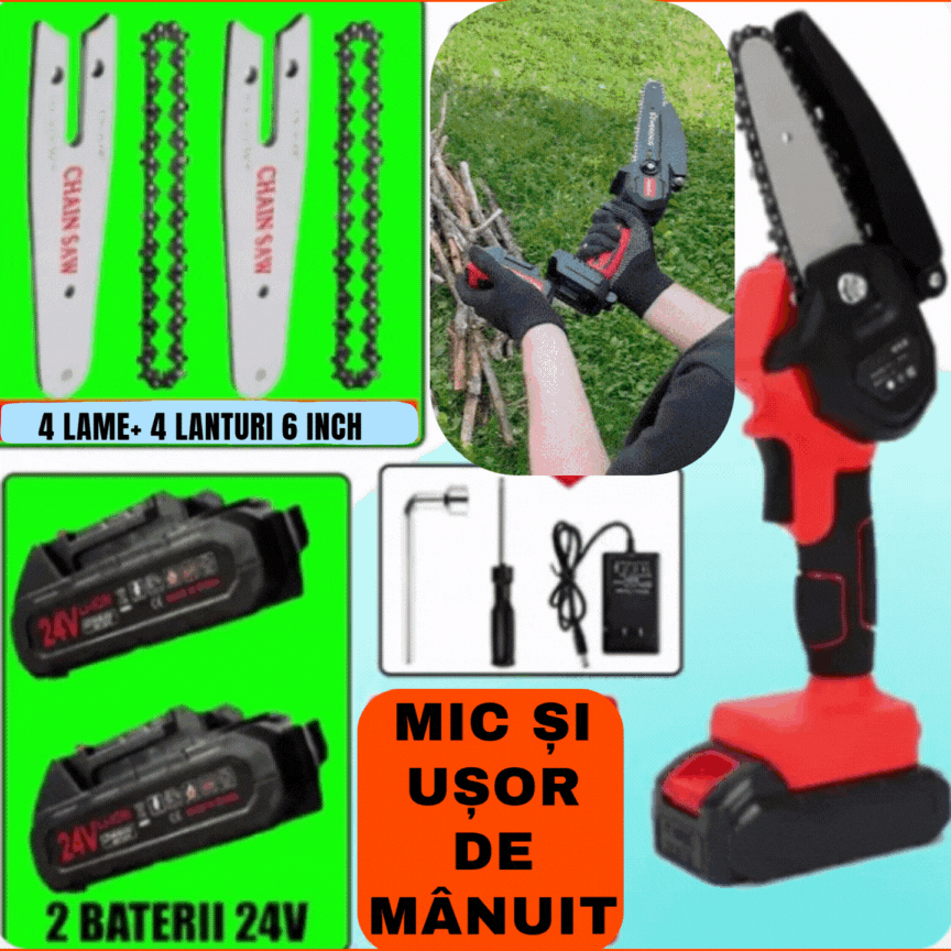 Lichidare STOC: Mini Fierastrau Electric Cu 2 Acumulatori 24V, 2x Baterie + 4 x Lant + 4 x Lama 6 Inch