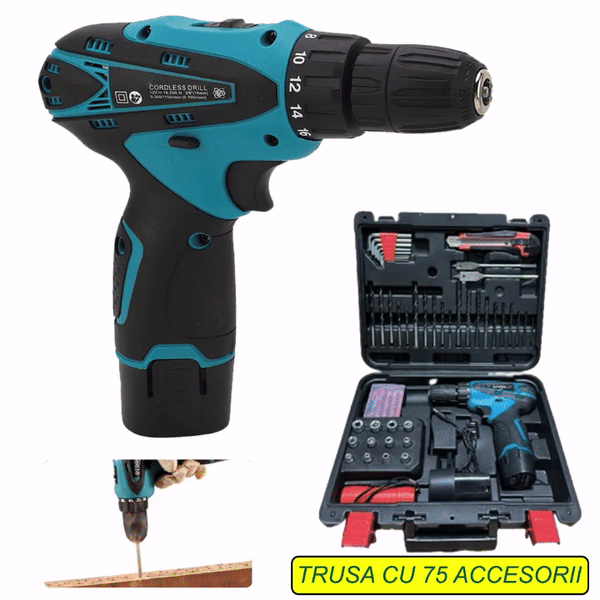 Bormasina Electrica, 2 Baterii 12V, 75 Accesorii + Geanta De Transport CADOU