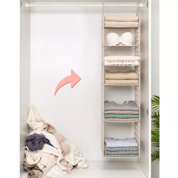 Organizator Pentru Dulap, Suspendat, Cu 5 Rafturi, Bej
