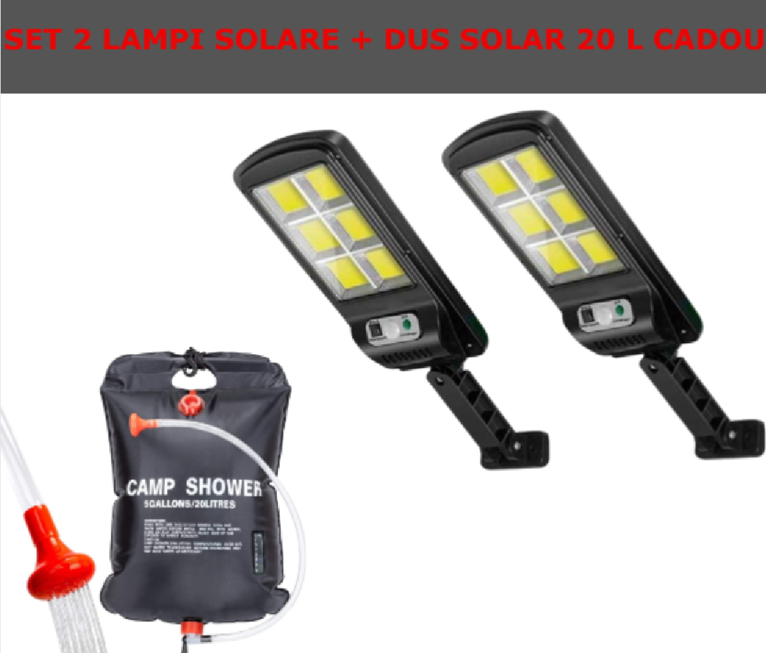Set De 2 Lampi Solare, Cu Senzor De Miscare SI Telecomanda, 300W + CADOU Dus Solar 20 Litri