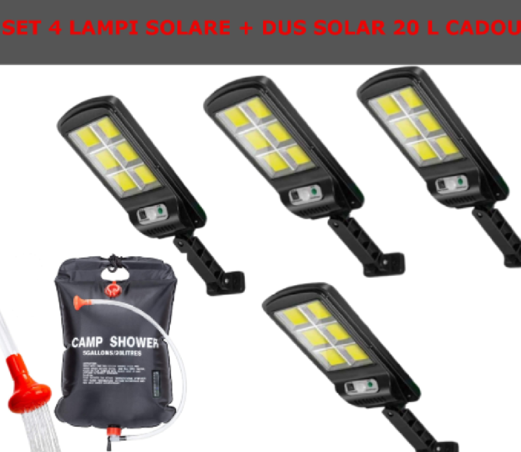 Set De 4 Lampi Solare, Cu Senzor De Miscare SI Telecomanda, 300W + CADOU Dus Solar 20 Litri