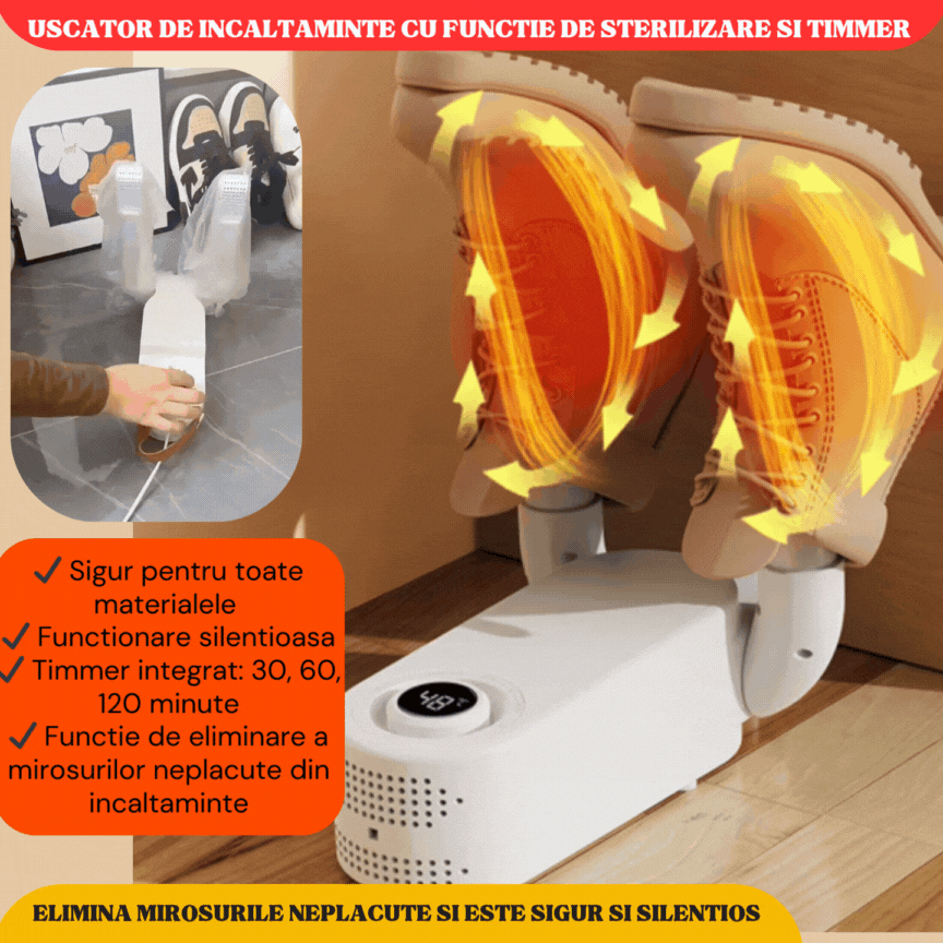 Uscator De Incaltaminte Multifunctional, Cu Timmer, Functie de Sterilizare si Eliminarea Mirosurilor Neplacute, Sigur si Silentios