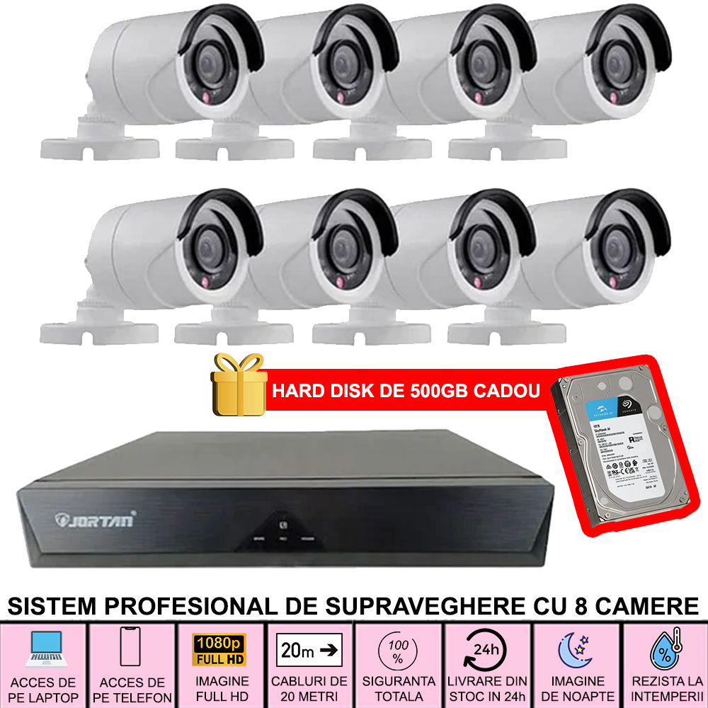 Sistem Supraveghere 8 Camere HD, Senzor Miscare, Conexiune PC/Telefon, Interior/Exterior + Hard Disk 500 GB CADOU