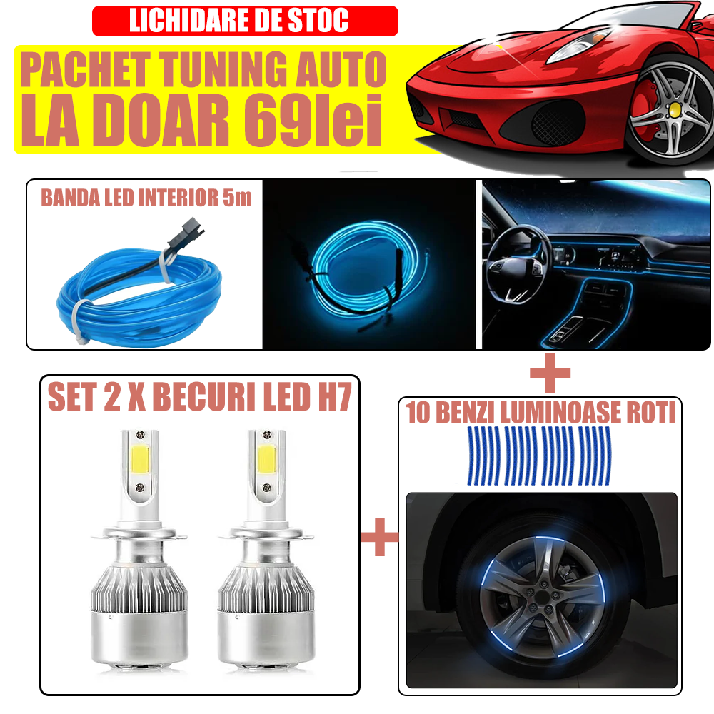Pachet Complet Auto: 1 x Set LED-uri H7 + 1 x Banda Auto 5m + 20 x Benzi Luminoase Roti