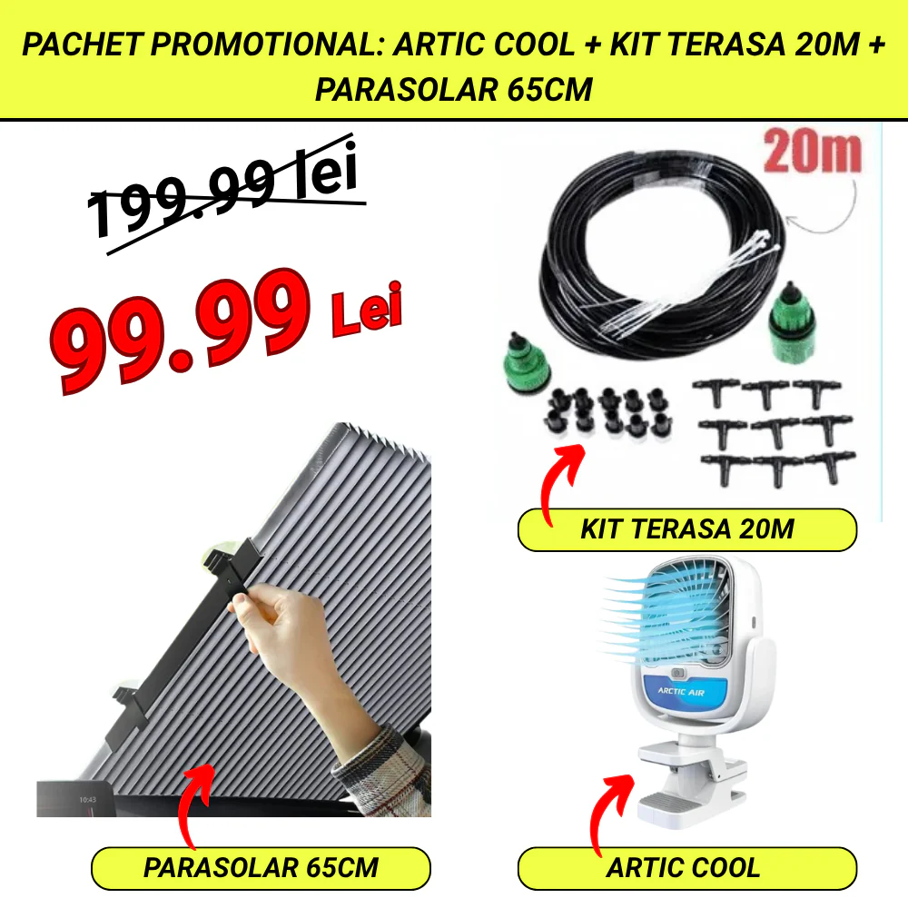 PACHET PROMO: Ventilator Portabil Arctic Cool 360° Cu Apa + Sistem Racire Terasa Cu Vapori de Apa 20m + Parasolar Auto Tip Acordeon