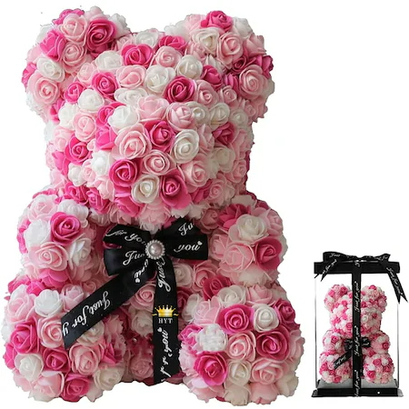 CADOU de Valentine's Day: Ursulet din trandafiri de sapun in cutie cadou, Inaltime 25cm