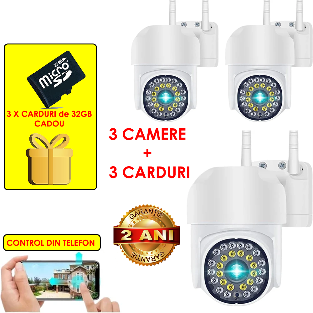 Set 3 Camere De Supraveghere Jortan JT8161QJ, Cu Senzor de Miscare, Conexiune Wifi, Vizualizare Live Pe Telefon + 3 Carduri 32 GB CADOU