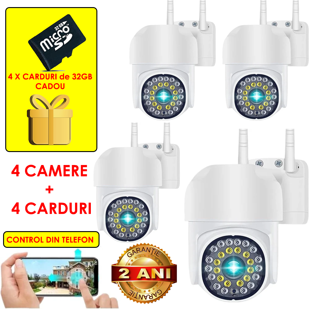 Set 4 Camere De Supraveghere Jortan JT8161QJ, Cu Senzor de Miscare, Conexiune Wifi, Vizualizare Live Pe Telefon + 4 Carduri 32 GB CADOU