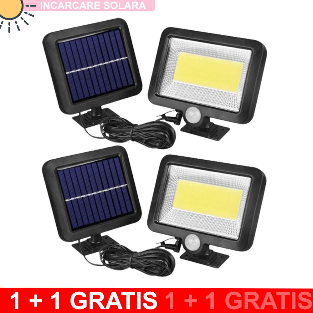 Lampa Solara Cu Panou Separat, Lumina Puternica, 100 LED COB, Cu Senzor De Miscare si Telecomanda, 1+1 CADOU