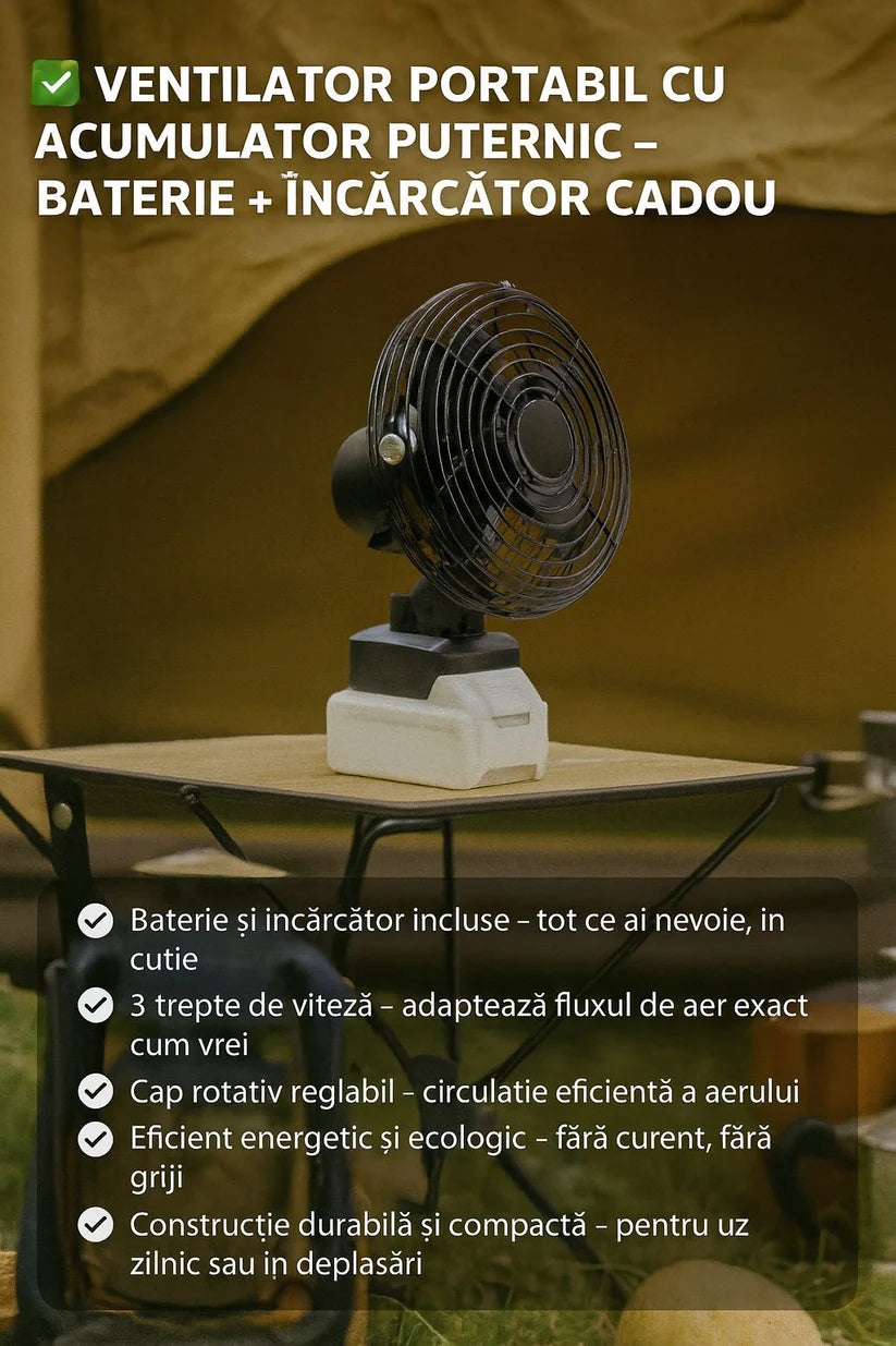 Ventilator Portabil Cu Acumulator Puternic – Baterie 96V + Încarcator CADOU