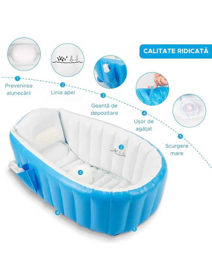 PACHET PROMO: Piscina Gonflabila Premium 115x 82x 33 cm + Cadita Gonflabila Bebelusi 0–36 luni + Pompa Electrica+Ventilator Arctic Cool