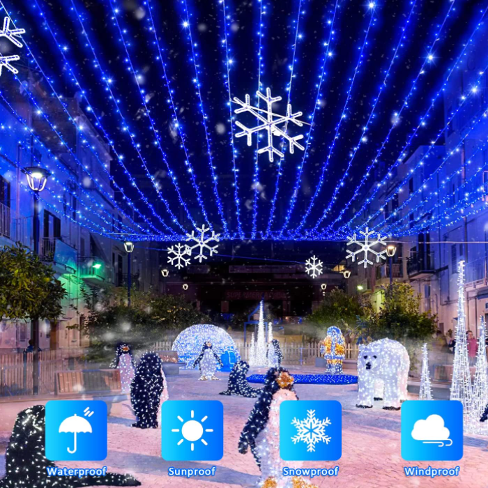1+1 GRATIS: Instalatie De Craciun, Cu Incarcare Solara, 100 LED-uri Mari si Luminoase, Rezistenta La Apa, Albastru, 10m