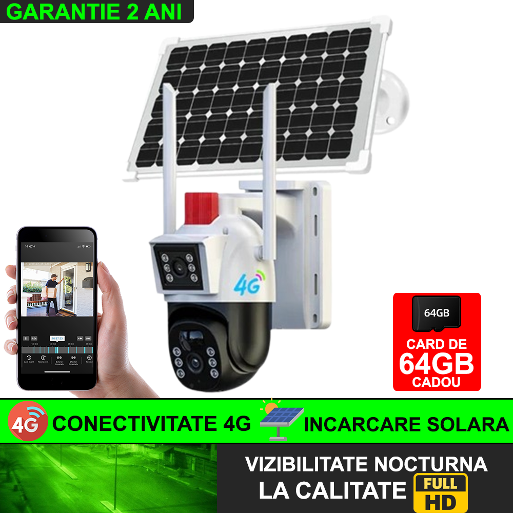 Camera De Supraveghere Smart, Cu Slot Cartela SIM si Incarcare Solara, 2 Zone de Filmare, Senzor De Detectie Miscare, Functie Night Vision+ CARD 64 GB CADOU