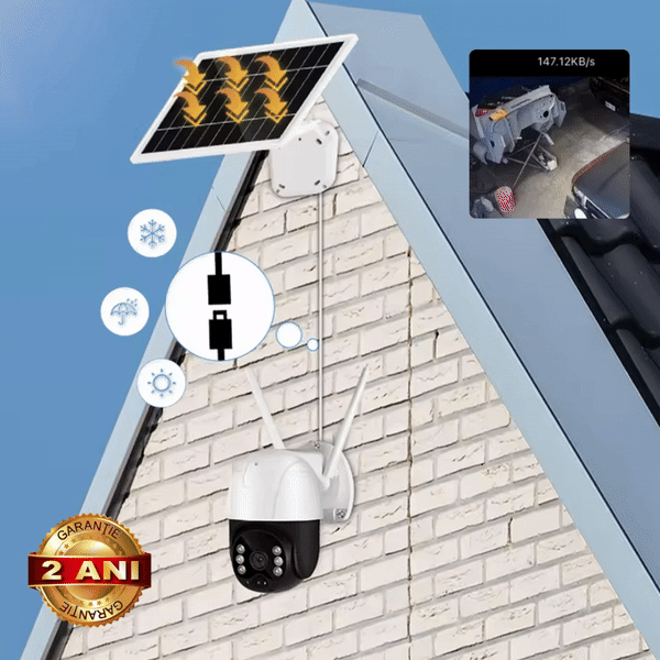 Camera de Supraveghere WiFi, Solara, Cu Acumulatori, Pentru Exterior, Vedere de Noapte, Grad Protectie Apa IP66, 2 Antene + card 32GB CADOU