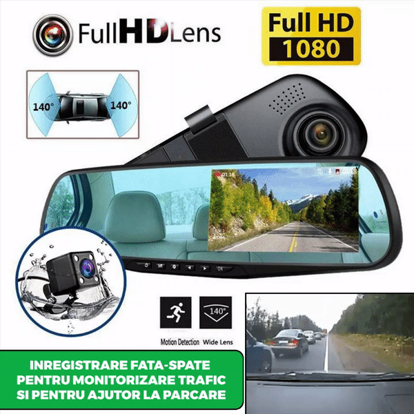 Oglinda Retrovizoare Cu Camera Video DVR Fata-Spate Pentru Monitorizare Trafic Full HD Cu G-Senzor Si Ecran 4.3 Inch + CADOU card memorie 32GB