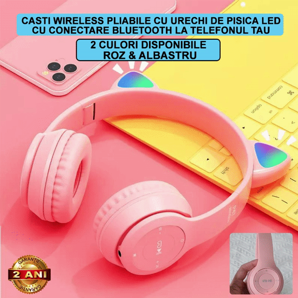 Casti Wireless, Pliabile, Urechi De Pisica, Conexiune Bleutooth, Card TF Si AUX, Inaltime Reglabila