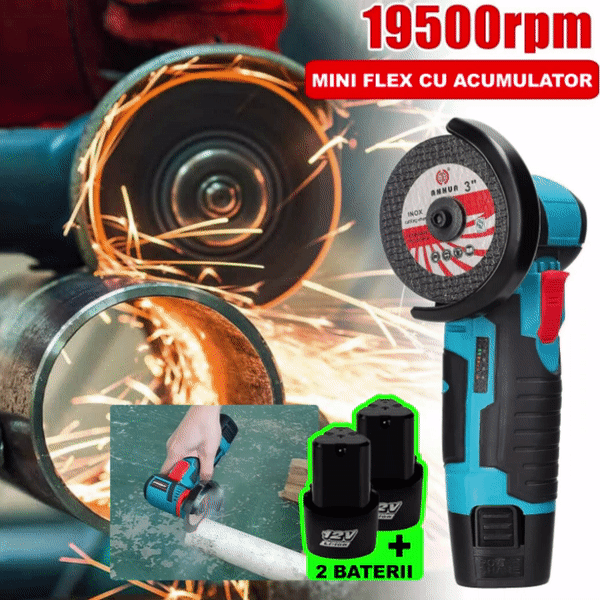 Mini Polizor Unghiular Electric cu 2 Acumulatori,Flex Portabil, 12V, Disc 76MM