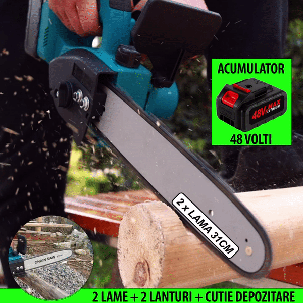 Drujba Electrica, Cu 2 x Lama 31 cm (12 INCH), 2 x Lant, 1 x Acumulator 48 V, Geanta De Transport CADOU